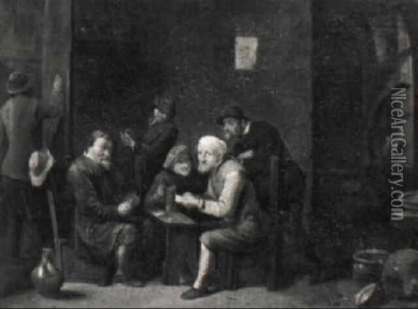 Topers Playing Cards In A Tavern Interior Oil Painting - Matheus van Helmont