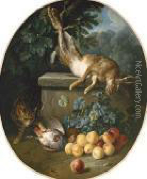 Still Life With Game And Peaches With A Cat Stalking From Behind A Stone Ledge Oil Painting - Alexandre-Francois Desportes