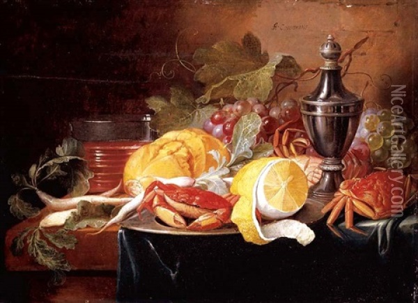 A Still Life With Grapes, A Lemon, Crabs And Bread Upon Pewter Dishes With A Silver Salt On A Wooden Table Oil Painting - Alexander Coosemans