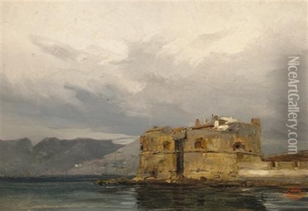 A View Of A Fortification Along A Coast Oil Painting - Louis-Gabriel-Eugene Isabey