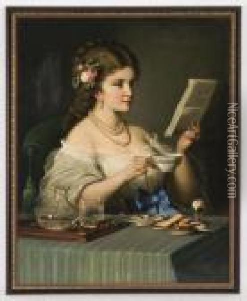 A Woman Drinking Tea And Reading Oil Painting - Waleri Eliasz-Radzikowski