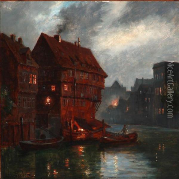 Evening Atmosphere In Nuremberg, Germany Oil Painting - August Fischer