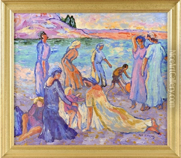 Vierfigurige Strandszene Oil Painting - Patten Wilson