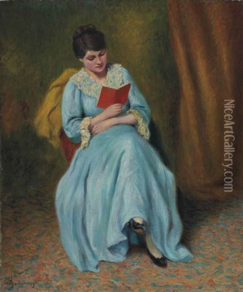 Femme En Bleu Qui Lit Oil Painting - Federico Zandomeneghi