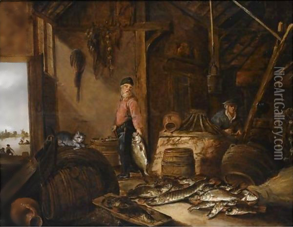 A Fisherman In His Barn With Fresh-Water Fish, A Woman In The Background Oil Painting - Pieter de Putter