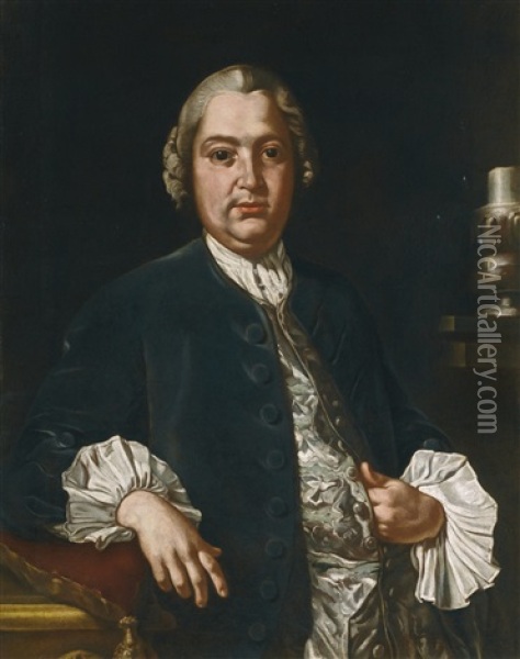 Portrait Of The Composer Niccolo Jommelli, Half- Length, In A Blue Coat And Satin Waistcoat Oil Painting - Giuseppe Bonito