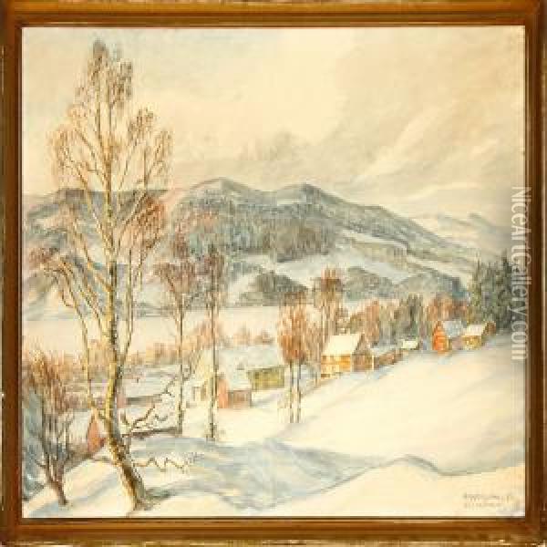 A View Over Lillehammer In Norway Oil Painting - Johannes Martin Fastings Wilhjelm