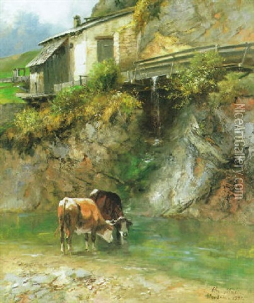 Italienische Gebirgsalm An Einem Felsvorsprung Oil Painting - Christian Friedrich Mali