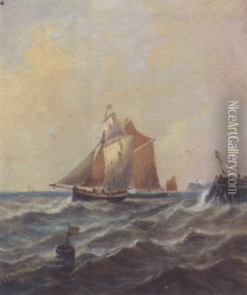 Fishing Schooners Coming Out Of Port (newhaven?) Oil Painting - John Moore Of Ipswich