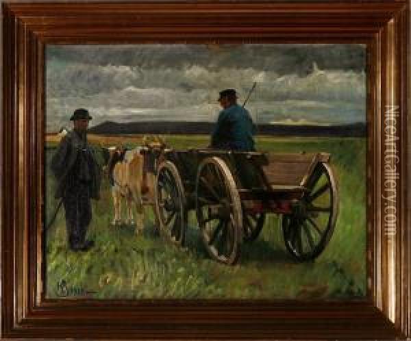 Two Farmers At A Horse Carriage Oil Painting - Knud Sinding