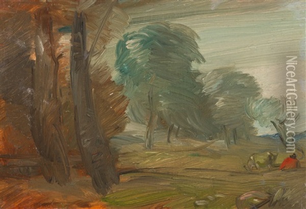 Herbstliche Landschaft Mit Rotem Bauer Und Kuh Oil Painting - Wilhelm Busch