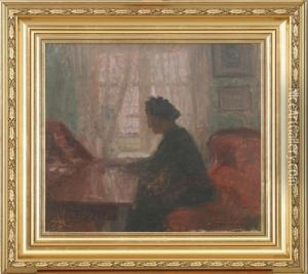 A Reading Woman By The Secretaire Oil Painting - Jens Birkholm