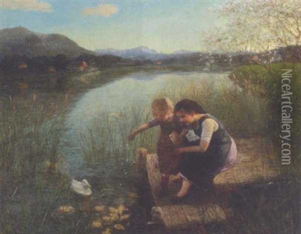 Zwei Madchen Beim Entenfuttern An Einem Vorgebirgsee Oil Painting - Carl Von Bergen