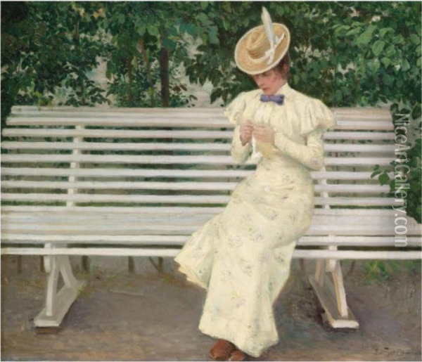 Kvinde Pa Baenk (lady On A Bench) Oil Painting - Paul-Gustave Fischer