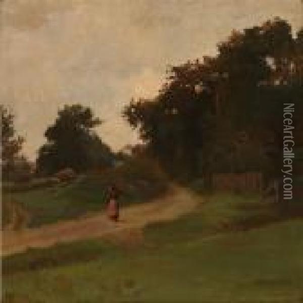 Landscape With An Old Lady Carrying Firewood Oil Painting - Gustav Vermehren