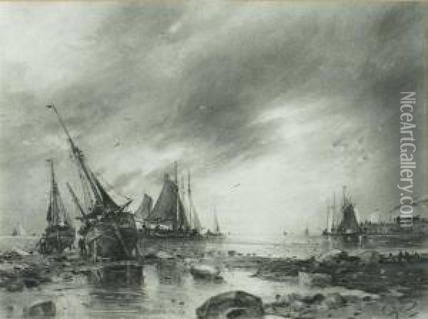 Fishing Boats And A Three Masted Frigate On Calm Waters And A Companion Piece Of Beached Fishing Vessels Oil Painting - George Sheffield