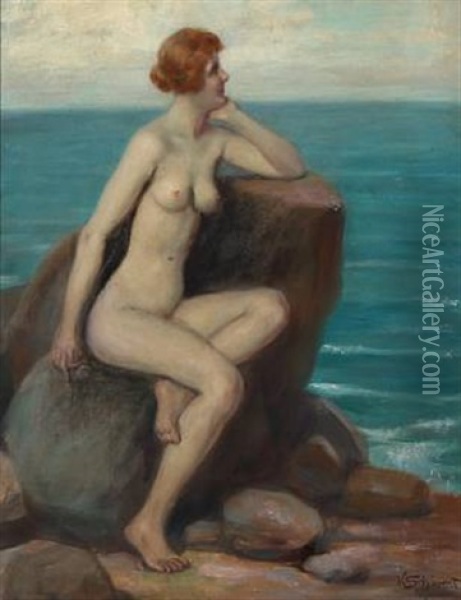 Young Naked Woman Looking Over The Ocean Oil Painting - Victor Schivert