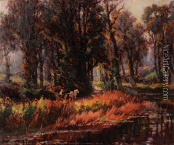 Woodland Path With Stream In The Foreground Oil Painting - Garstin Cox