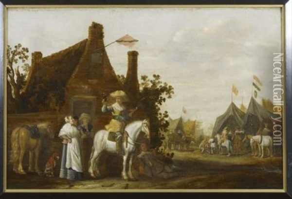 Cavaliers Devant L'auberge (in 2 Parts) Oil Painting - Abraham van der Hoef