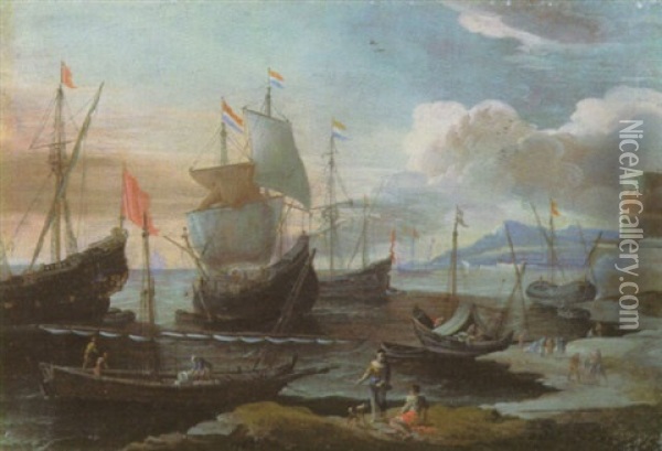 Hollandische Schiffe In Einem Sudlichen Hafen Oil Painting - Adriaen Van Der Cabel
