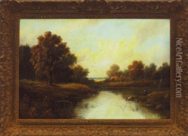 A Man Fishing At A Country Lake Oil Painting - Octavius Thomas Clark