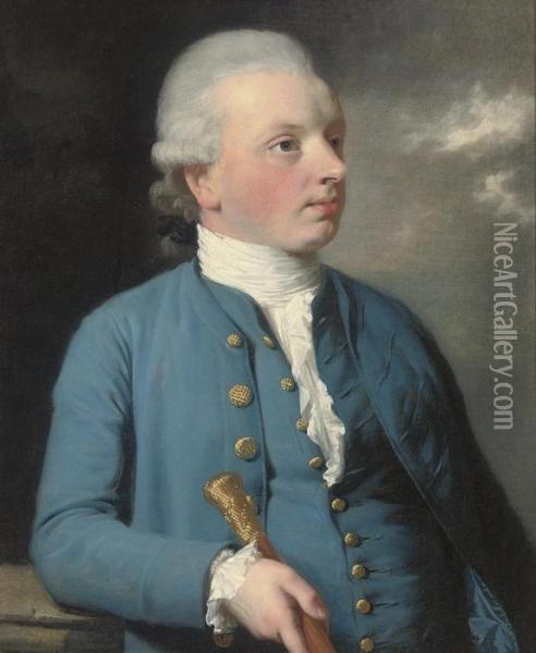 Portrait Of A Gentleman, 
Half-length, In A Blue Coat And Waistcoat, A Cane In His Right Hand Oil Painting - Josepf Wright Of Derby