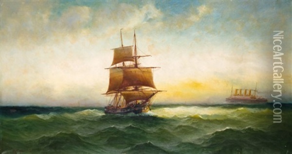 Bark Und Hochseedampfer In Abendlicher See Oil Painting - Alfred Serenius Jensen
