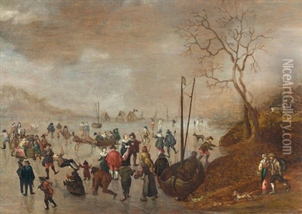 A Winter Landscape With Figures Skating On A Frozen River Oil Painting - Anthonie van Stralen