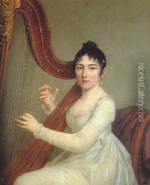 Portrait De Jeune Femme Jouant De La Harpe Oil Painting - Jacques-Louis David