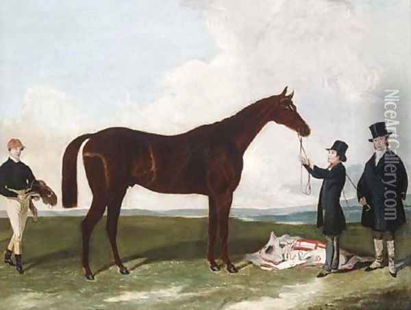 A racehorse held by a groom with the trainer and jockey Oil Painting - Harry Hall