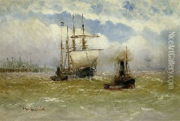 Viermastbark Mit Schlepper Vor Einer Hafenkulisse (cuxhaven?) Oil Painting - Alfred Serenius Jensen