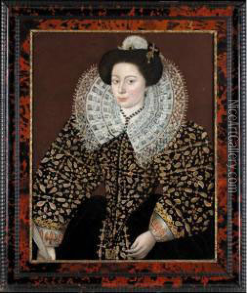 Portrait Of A Lady, Half Length, Wearing A Richly Embroidered Dress And A White Ruff, Holding A Fan Oil Painting - Sir William Segar