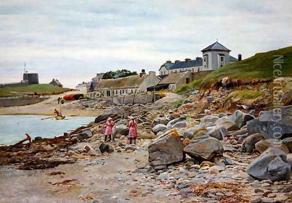 Kingsland, Cornwall, with two girls on a beach Oil Painting - Thomas J. Purchas