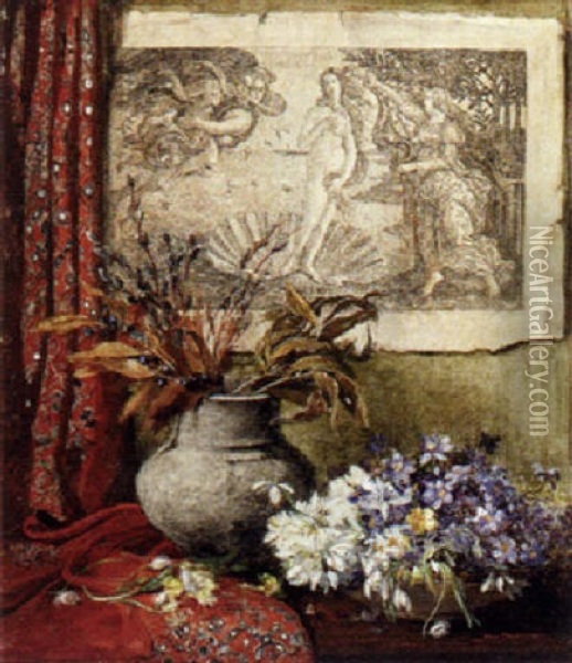 An Oppulent Floral Still Life Before A Print Of Botticelli's Birth Of Venus Oil Painting - Hugo Charlemont