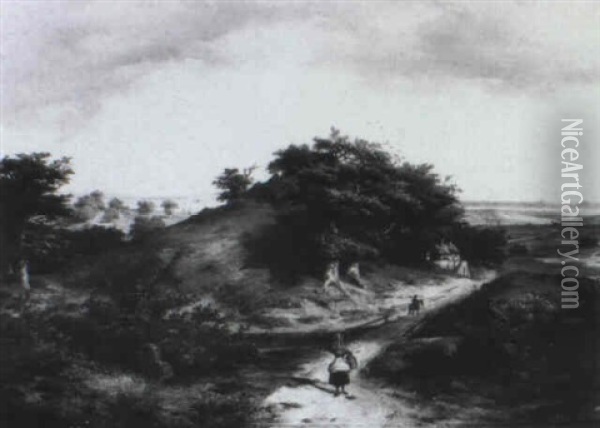 Hugelige Landschaft, Vor Baumgruppe Bauerinmit Milchkanne Oil Painting - Ludwig Christian Wagner