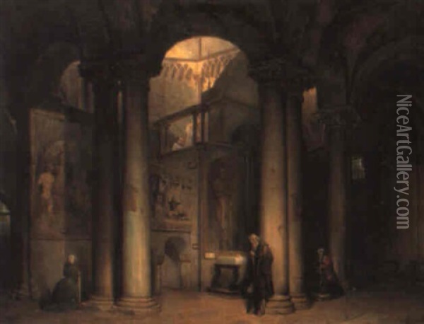 Interno Di Chiesa Con Figure In Preghiera Oil Painting - Luigi Bisi