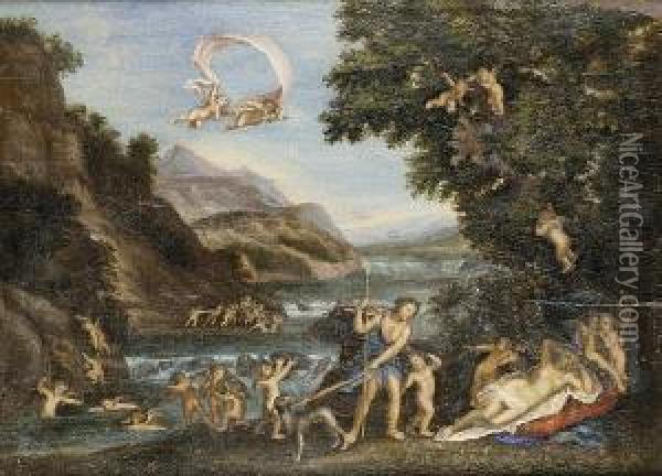 Venus And Adonis; Together With, Diana's Nymphs Disarming Sleeping Cupids Oil Painting - Francesco Albani