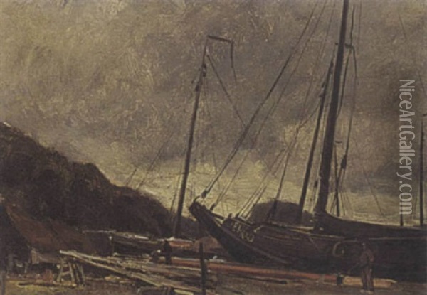 A Man Standing Beside A Boat Oil Painting - Hendrik Willebrord Jansen