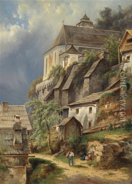 Motiv Aus Hallstatt Mit Blick Auf Die Pfarrkirche Oil Painting - Karl Franz Emanuel Haunold