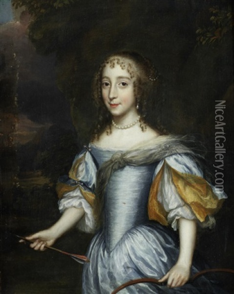 Portrait Of A Young Girl As Diana Standing Before An Open Landscape Oil Painting - Jan Mytens