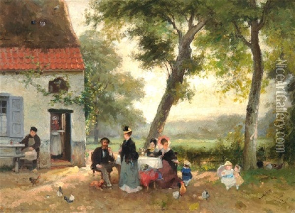 Une Guinguette A Anvers Oil Painting - Florent Nicolas Crabeels