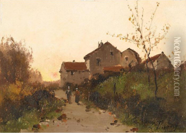 Paysage (sur Le Chemin De La Ferme) Oil Painting - Eugene Galien-Laloue