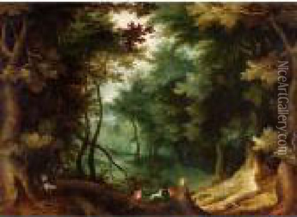 A Wooded Landscape With Hunters And Their Dogs. Oil Painting - Jan Brueghel the Younger