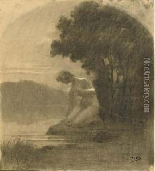 Un Paysage Avec Une Femme Nue Agenouillee Au Bord D'un Lac Oil Painting - Alphonse Osbert