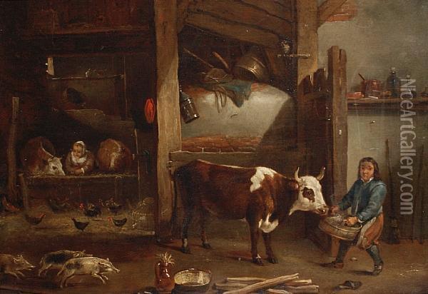 A Barn Interior With Figures Feeding Cattle Oil Painting - David The Younger Teniers