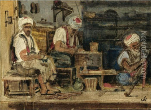 Cobblers In The Souk Oil Painting - Alexandre Gabriel Decamps