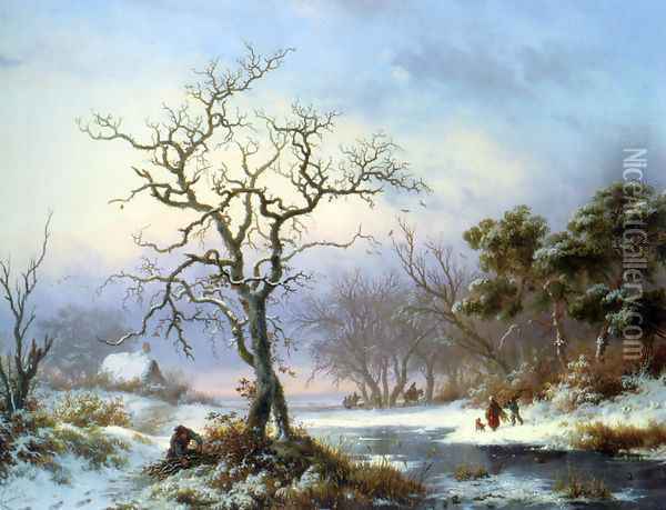 Faggot Gatherers in a Winter Landscape Oil Painting - Frederik Marianus Kruseman