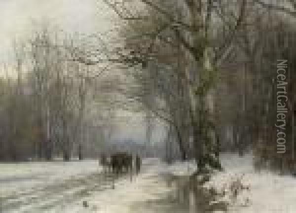 Bauer Mit Pferdefuhrwerk Im
 Winterlichen Birkenwald. Oil Painting - Anders Anderson-Lundby