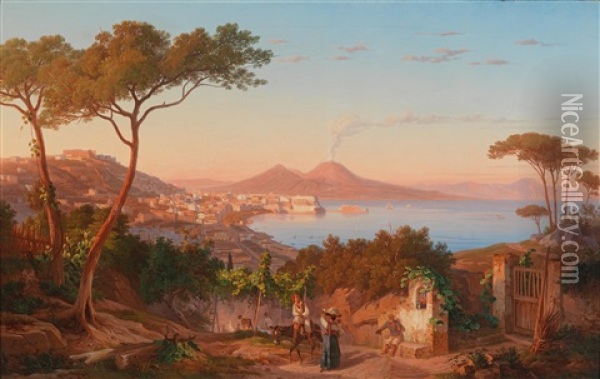 View Of The Bay Of Naples, Vesuvius In The Background Oil Painting - Carl (Karl) Wilhelm Goetzloff