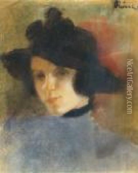 Young Woman In Black Hat Oil Painting - Jozsef Rippl-Ronai